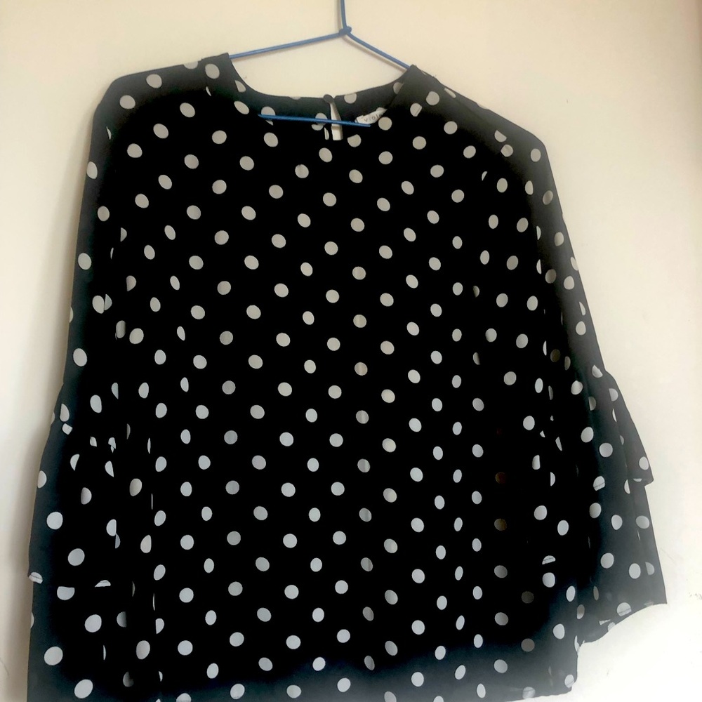 Claire violet polka dot blouse with ruffle sleeves size S